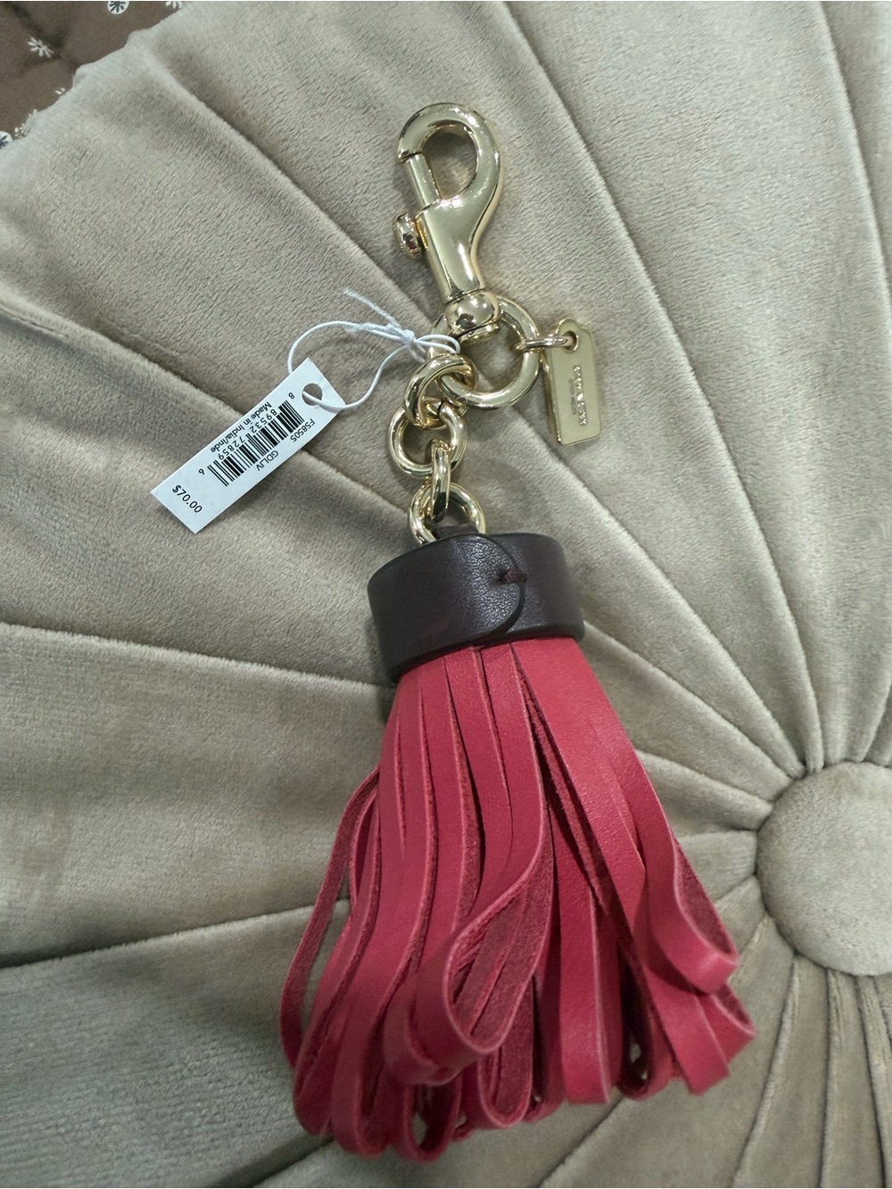 Coach Red Leather Tassel Keychain with Dark Brown Cap and Gold Hardware